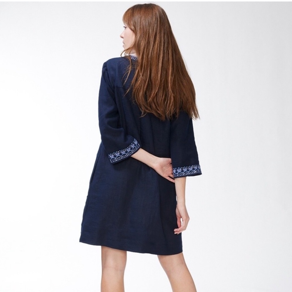 Chico’s Navy Blue Embellished Beaded Linen Dress - Picture 2 of 16